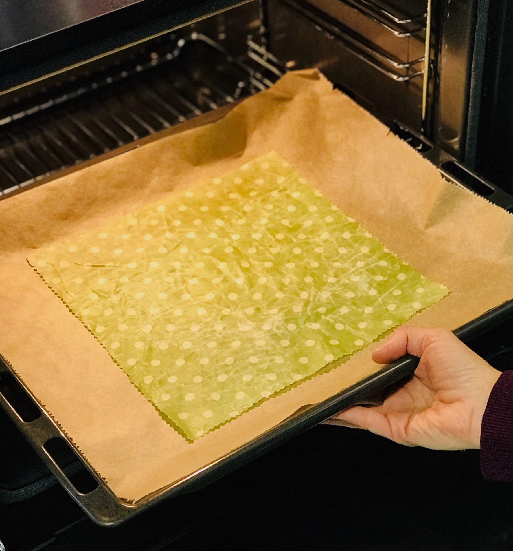 Eine Hand hält ein Blech mit Backpapier und einem grünen Wachstuch und schiebt es in den Ofen.